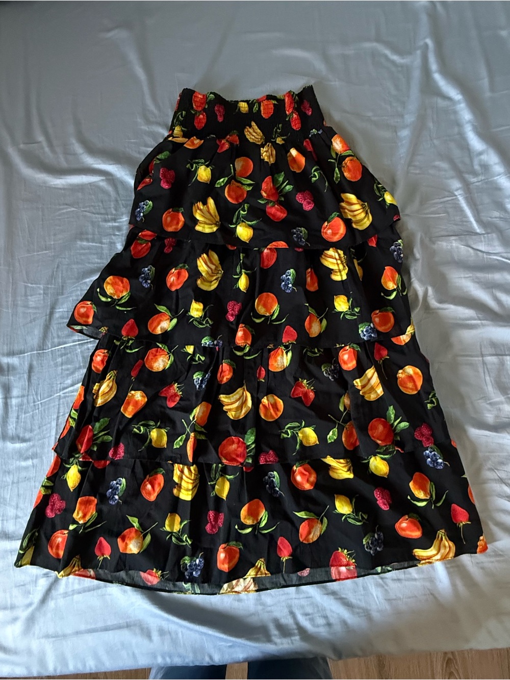 WeWoreWhat Black Tiered Maxi Skirt with Orange, Yellow and Red Fruit Print